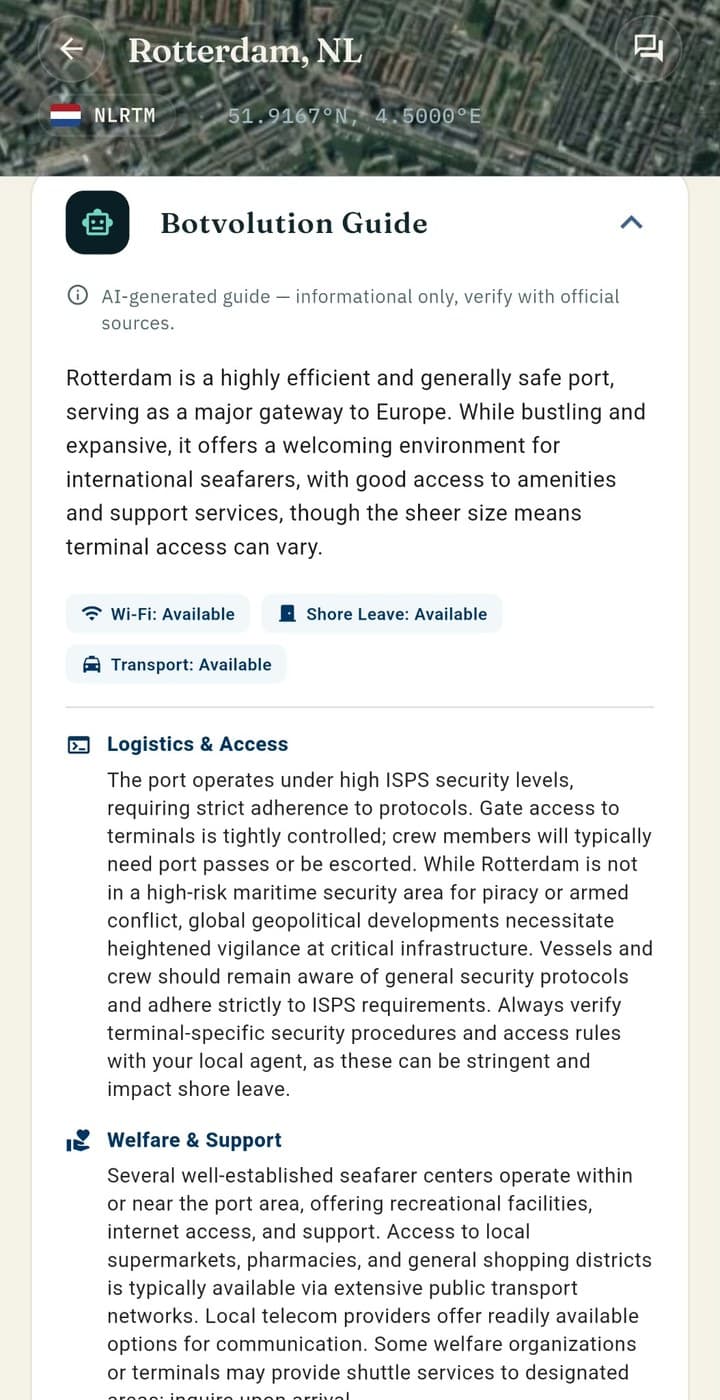 Portvolution app: Botvolution Guide for Rotterdam with Wi-Fi, shore leave and transport notes